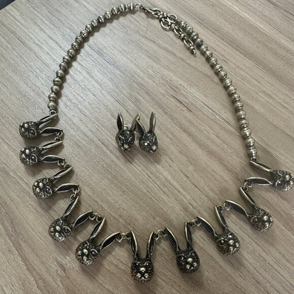 Vintage Stainless Steel Jewelry Rabbit Head Necklace Chain & Earrings - Picture 4 of 11